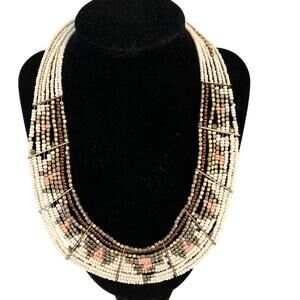 ZAD White Tribal Multi Strand Beaded Bib Necklace